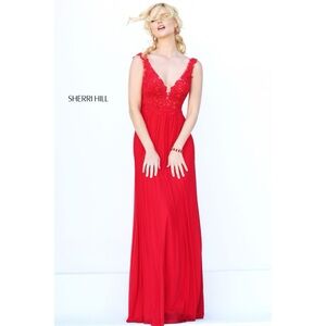 Sherri Hill Red Lace Sequin V-Neck Illusion Chiffon Maxi Prom Dress Style #50255